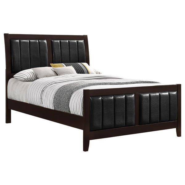 English Elm Cappuccino Faux Leather Panel Bed Queen with Pleated Black Upholstery, Sturdy 600lb Frame, Stylish Transition B062S00313