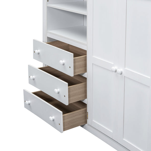 English Elm Wood Full Size Loft Bed with Built-in Wardrobe, Desk, Shelves and Drawers for Organized Rooms White GX000445AAK