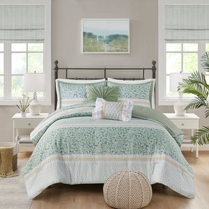 English Elm Full/Queen Seersucker Comforter Set 5-Piece Floral Lace Trimmed Shabby Chic Farmhouse Bedding B035128845