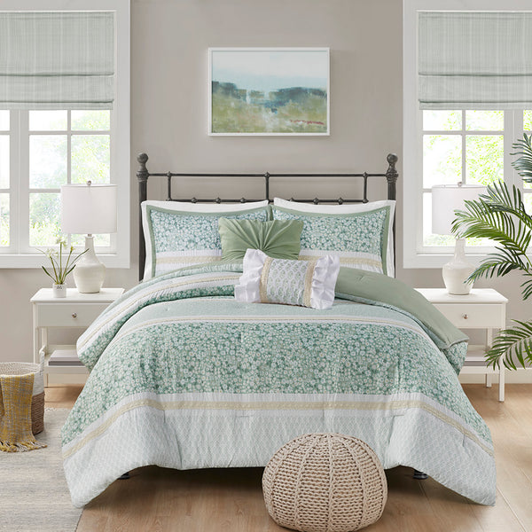 English Elm King/Cal King Seersucker Comforter Set 5pc Floral Lace Trim Hypoallergenic Microfiber Bedding Set B035128846