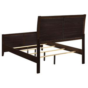 English Elm Cappuccino Faux Leather Panel Bed Queen with Pleated Black Upholstery, Sturdy 600lb Frame, Stylish Transition B062S00313