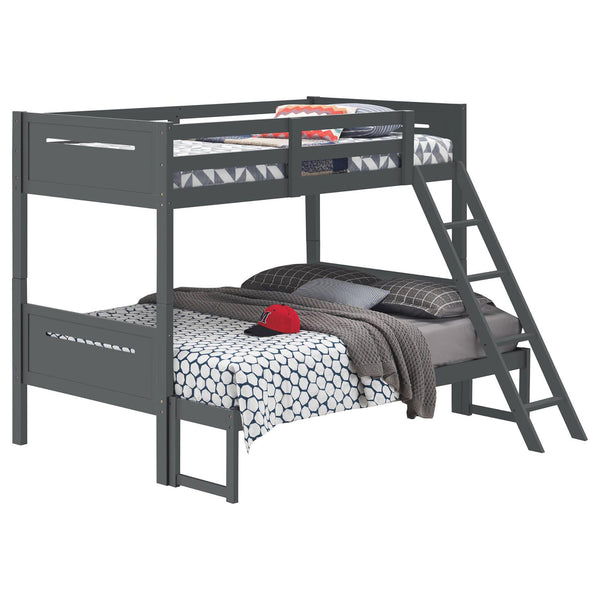 English Elm Grey Twin/Full Bunk Bed with Built-In Ladder, Modern Rubberwood Frame, Guardrails, Safe Durable Design B062S00346
