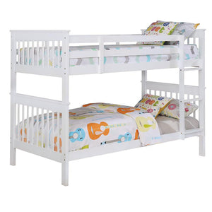 English Elm White Twin/Twin Slatted Bunk Bed — Modern Space-Saving Pine Frame, Vertical Rail Design, 400 lb Capacity B062S00331