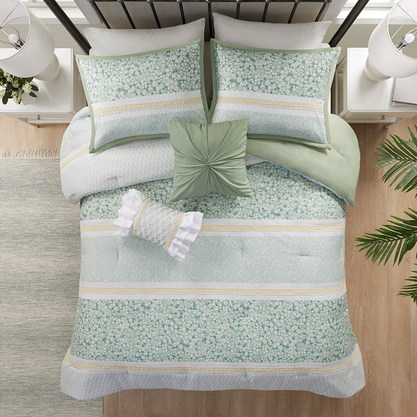 English Elm Full/Queen Seersucker Comforter Set 5-Piece Floral Lace Trimmed Shabby Chic Farmhouse Bedding B035128845