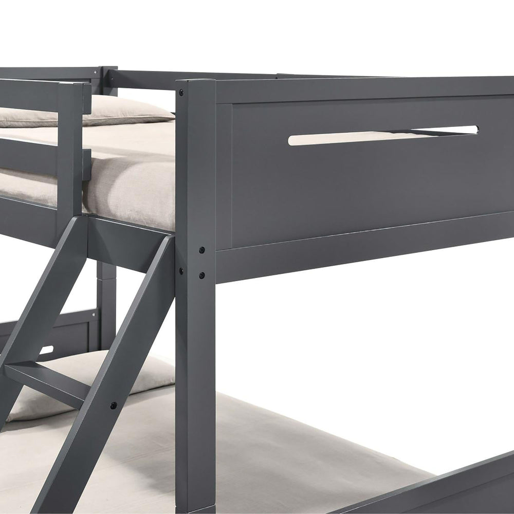 English Elm Grey Twin/Full Bunk Bed with Built-In Ladder, Modern Rubberwood Frame, Guardrails, Safe Durable Design B062S00346