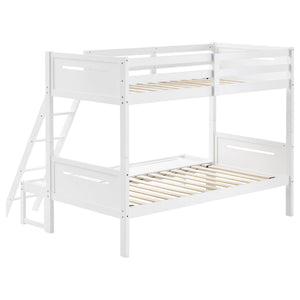 English Elm White Twin/Full Bunk Bed Modern Rubberwood Sturdy Design with Angled Ladder, Guardrails, Safe Durable Finish B062S00341