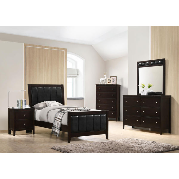 English Elm Cappuccino Twin Panel Bed with Channeled Leatherette Headboard, Curved Legs, Mid-Century Modern Design B062S00316