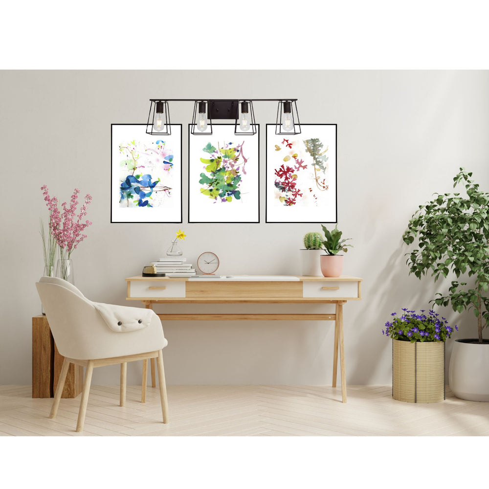 English Elm 4-Light Oil-Rubbed Bronze Vanity Light Fixture — Industrial Vintage 35" Wall Sconce with Open Cage, Dimmable-Friendly B130P148038