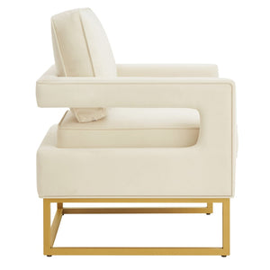 English Elm Modern Velvet Accent Chair with Gold Iron Base Open Arms Glam Living Room Seat Cream W2186P148523