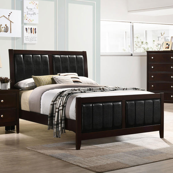 English Elm Cappuccino Mid-Century Black Tufted Full Panel Bed with Leatherette Headboard, Curved Legs Elegance B062S00358