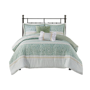 English Elm King/Cal King Seersucker Comforter Set 5pc Floral Lace Trim Hypoallergenic Microfiber Bedding Set B035128846