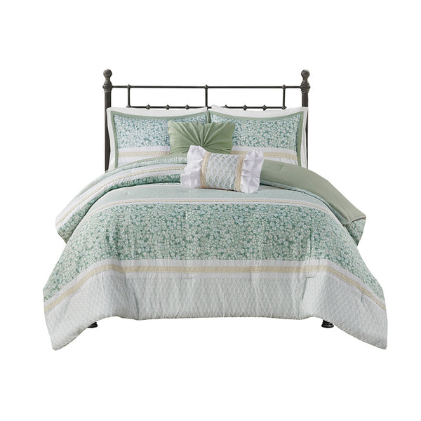 English Elm King/Cal King Seersucker Comforter Set 5pc Floral Lace Trim Hypoallergenic Microfiber Bedding Set B035128846
