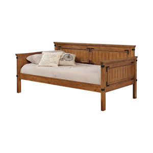 English Elm Rustic Honey Twin Daybed with Paneled Plank Design, Black Metal Accents, Cozy Guest Bed for Office B062S00330