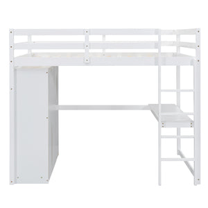 English Elm Wood Full Size Loft Bed with Built-in Wardrobe, Desk, Shelves and Drawers for Organized Rooms White GX000445AAK