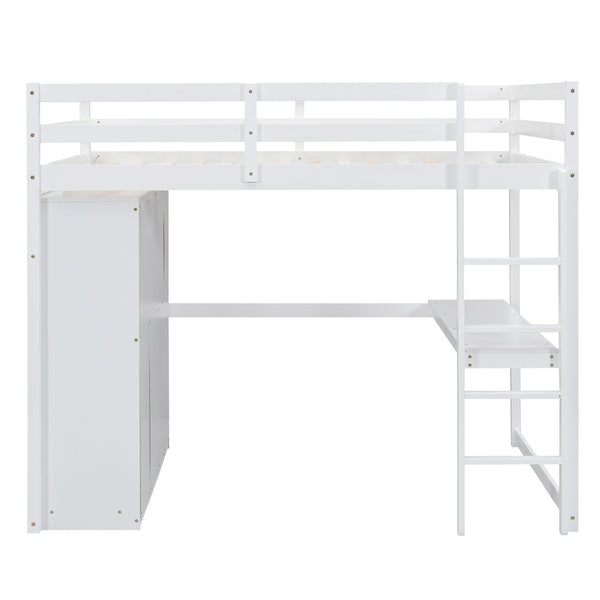 English Elm Wood Full Size Loft Bed with Built-in Wardrobe, Desk, Shelves and Drawers for Organized Rooms White GX000445AAK