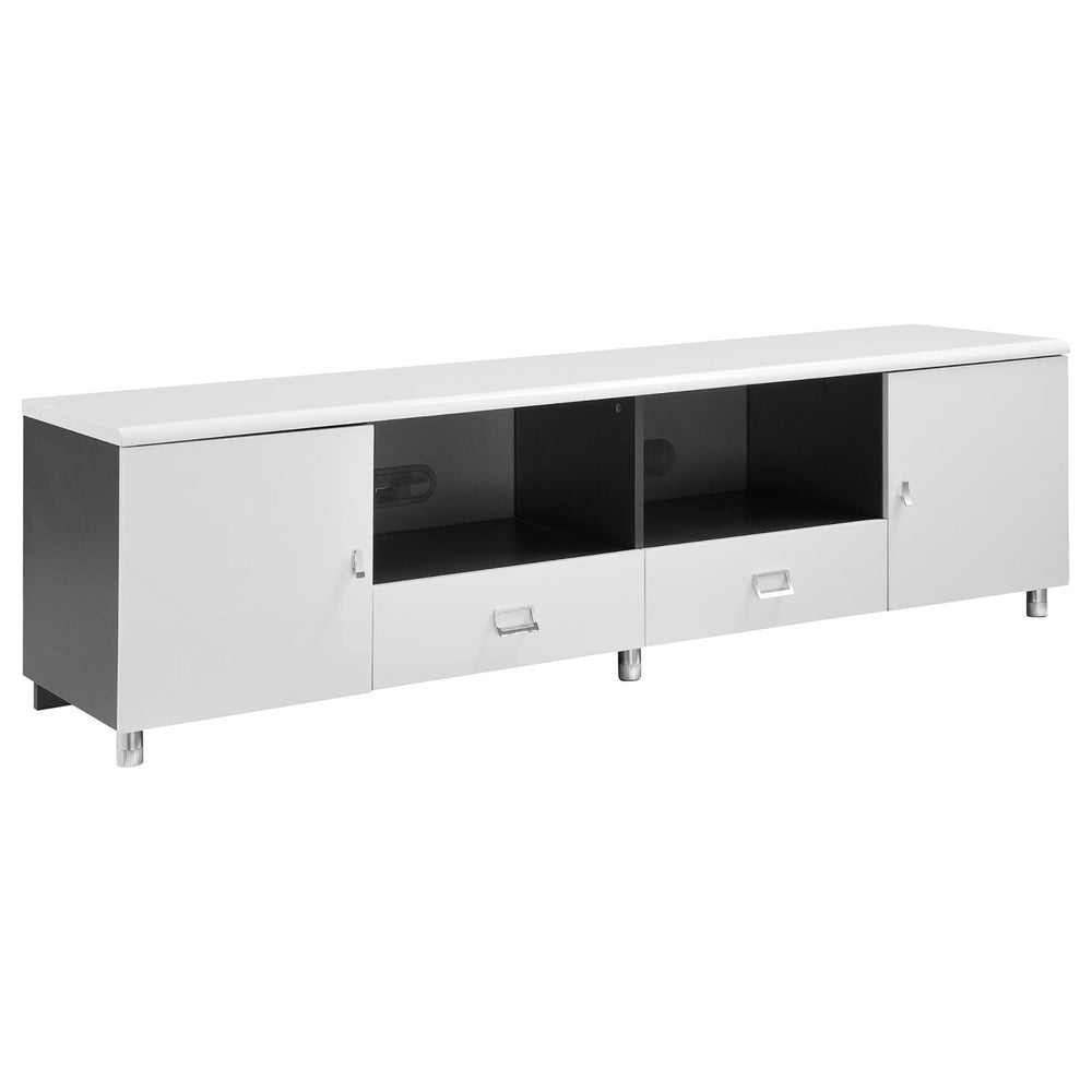 English Elm Glossy 71" White and Grey TV Console with 2 Drawers, 2 Cabinets, Chrome Pulls — Sleek Modern Storage for 64" TVs B062S00328