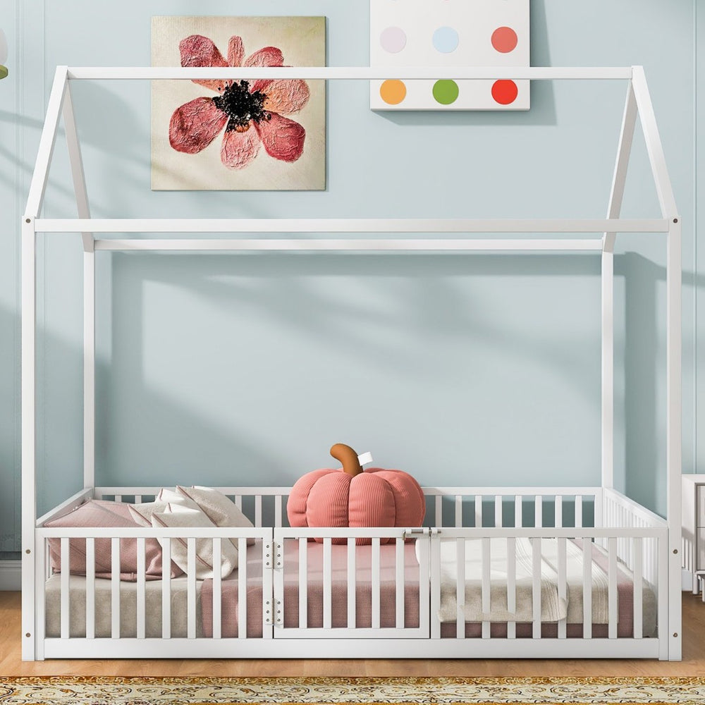 English Elm Full Size White Metal House Bed with Pitched Roof Fence and Door for Kids MF315933AAK