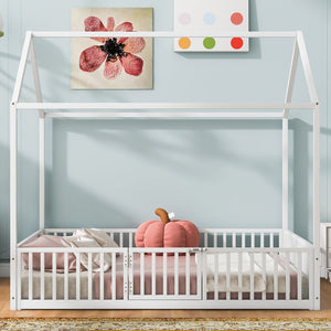 English Elm Full Size White Metal House Bed with Pitched Roof Fence and Door for Kids MF315933AAK