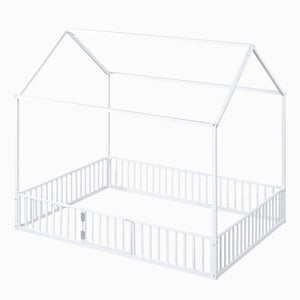English Elm Full Size White Metal House Bed with Pitched Roof Fence and Door for Kids MF315933AAK