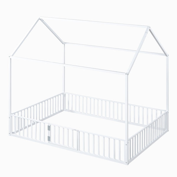 English Elm Full Size White Metal House Bed with Pitched Roof Fence and Door for Kids MF315933AAK