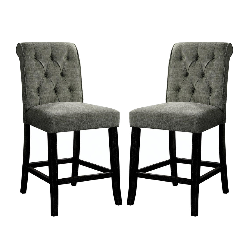 English Elm Set of 2 Counter Height Dining Chairs Antique Black Wood, Padded Gray Linen-Style Seats with Tilted Legs B016P156580