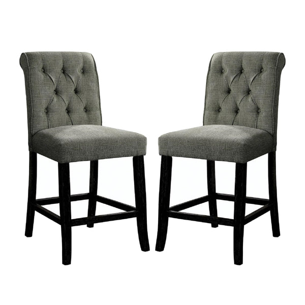English Elm Set of 2 Counter Height Dining Chairs Antique Black Wood, Padded Gray Linen-Style Seats with Tilted Legs B016P156580