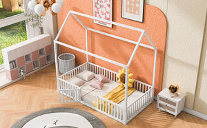 English Elm Twin Metal House Bed with Roof, Fence & Door — Enclosed Playful Twin Frame for Imaginative Kids Sleeps White MF315932AAK