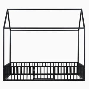English Elm Twin Metal House Bed with Roof, Fence & Door — Enclosed Playful Twin Frame for Imaginative Kids Sleeps Black MF315932AAB