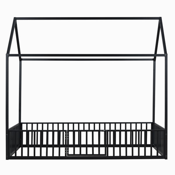 English Elm Twin Metal House Bed with Roof, Fence & Door — Enclosed Playful Twin Frame for Imaginative Kids Sleeps Black MF315932AAB