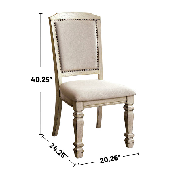 English Elm Set of 2 Padded Dining Chairs Antique White with Ivory Upholstery, Turned Legs, Comfortable Elegant Seating B016P156592