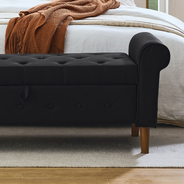 English Elm 62" Tufted Button Storage Bench with Rolled Arms, Canvas Upholstered Ottoman for Entryway & Bedroom Black W1853141522