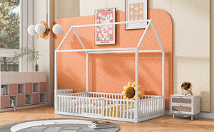 English Elm Twin Metal House Bed with Roof, Fence & Door — Enclosed Playful Twin Frame for Imaginative Kids Sleeps White MF315932AAK