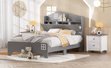 English Elm Wooden Twin Size House Bed With Storage Headboard ,Kids Bed With Storage Shelf,Grey