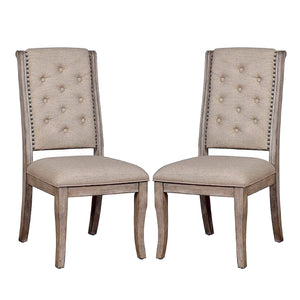 English Elm Set of 2 Beige Upholstered Side Chairs with Button Tufting, Nailhead Trim & Rustic Wood Finish B016P156590