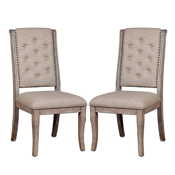 English Elm Set of 2 Beige Upholstered Side Chairs with Button Tufting, Nailhead Trim & Rustic Wood Finish B016P156590