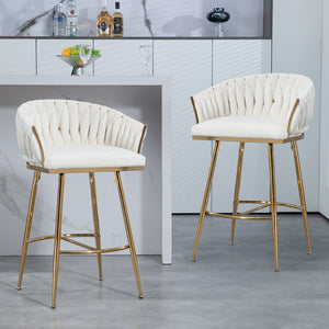 English Elm 26'' Velvet Counter Height Bar Stools Set of 2 with Hand-Wave Back, Gold Chrome Base, Plush Cushion Beige W2215P147899