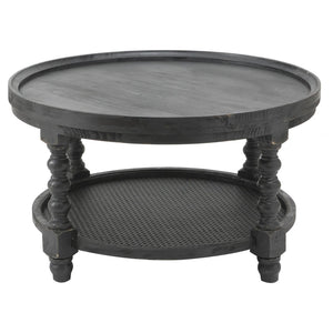 English Elm D29.7" Round Two-tier Side Table Wicker Cane Shelf Turned Legs Artisan Living Room Black W2078P155915