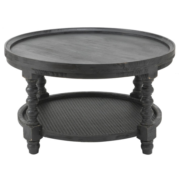 English Elm D29.7" Round Two-tier Side Table Wicker Cane Shelf Turned Legs Artisan Living Room Black W2078P155915