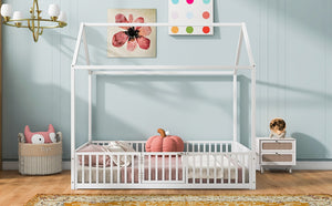English Elm Full Size White Metal House Bed with Pitched Roof Fence and Door for Kids MF315933AAK