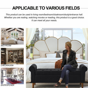 English Elm 62" Tufted Button Storage Bench with Rolled Arms, Canvas Upholstered Ottoman for Entryway & Bedroom Black W1853141522