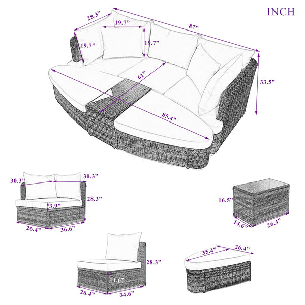 English Elm TOPMAX 6-Piece Patio Conversation Sofa Set with Modular Seating, Thick Cushions & Tempered Glass Table Brown SP100020AAE