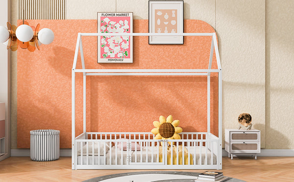 English Elm Twin Metal House Bed with Roof, Fence & Door — Enclosed Playful Twin Frame for Imaginative Kids Sleeps White MF315932AAK