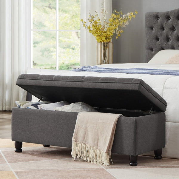 English Elm Upholstered Tufted Linen Storage Bench with Spindle Legs for Bedroom Entryway W2186P151307