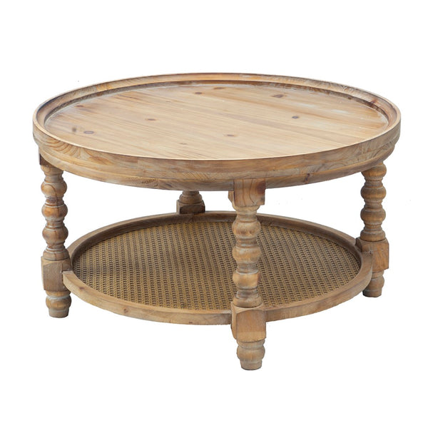 English Elm D29.7" Round Two-tier Side Table Wicker Cane Shelf Turned Legs Artisan Living Room Brown W2078P155914