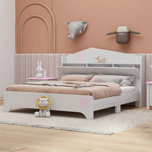 English Elm Wooden Full Size House Bed With Storage Headboard ,Kids Bed With Storage Shelf,White