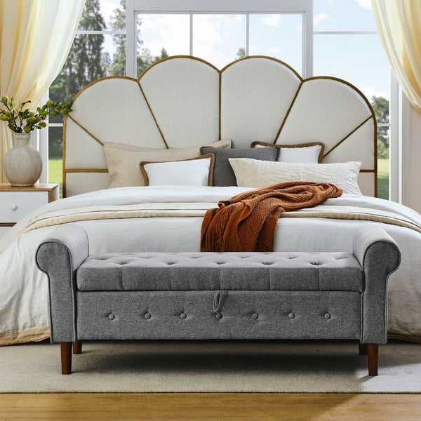 English Elm 62" Tufted Button Storage Bench with Rolled Arms, Canvas Upholstered Ottoman for Entryway & Bedroom Grey W1853141520