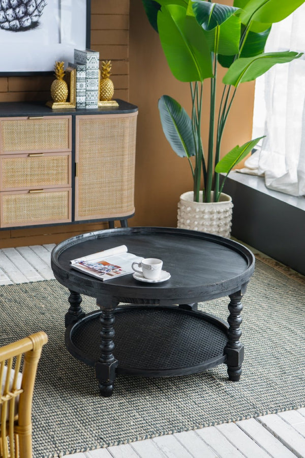 English Elm D29.7" Round Two-tier Side Table Wicker Cane Shelf Turned Legs Artisan Living Room Black W2078P155915