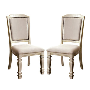 English Elm Set of 2 Padded Dining Chairs Antique White with Ivory Upholstery, Turned Legs, Comfortable Elegant Seating B016P156592