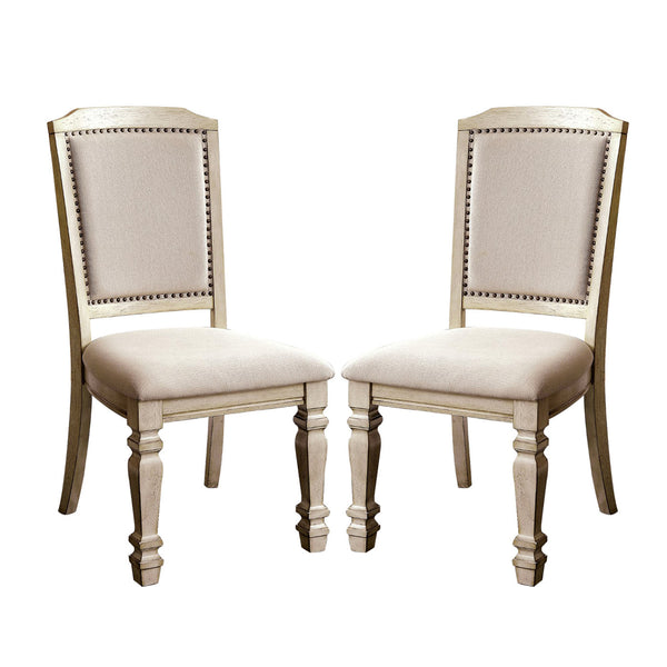 English Elm Set of 2 Padded Dining Chairs Antique White with Ivory Upholstery, Turned Legs, Comfortable Elegant Seating B016P156592