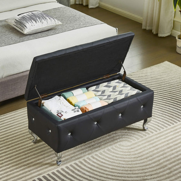 English Elm Tufted Velvet Storage Bench with Crystal Buttons for Bedroom Entryway Footrest W2268P146691